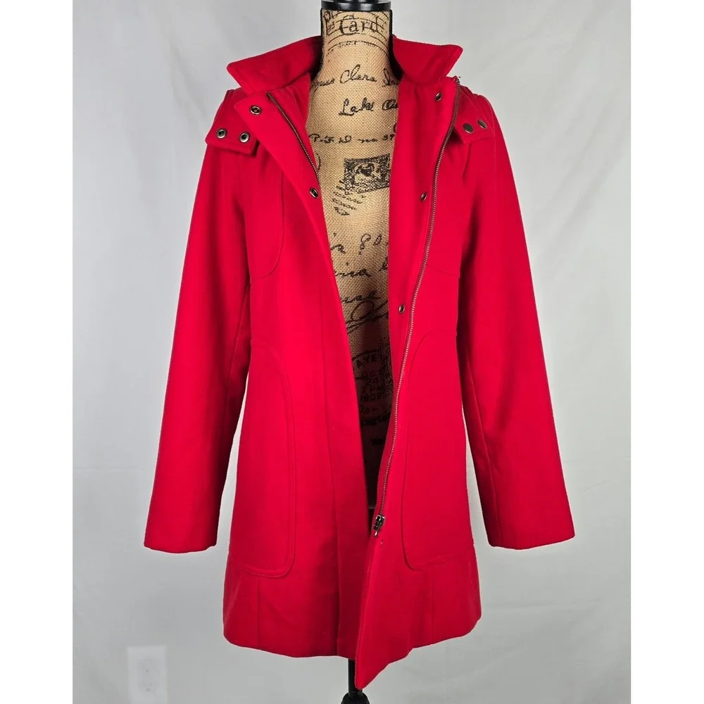 Merona Womens Red Hooded Pea Coat Jacket Zip Snap‎ Front Medium